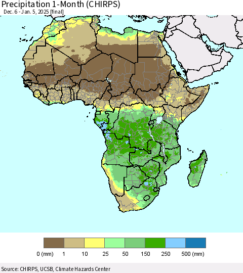 Africa Precipitation 1-Month (CHIRPS) Thematic Map For 12/6/2024 - 1/5/2025