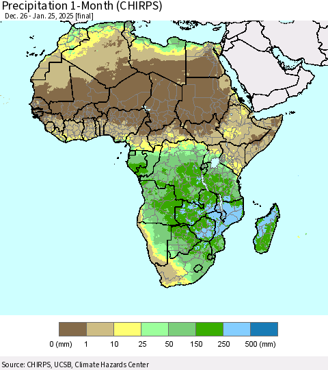 Africa Precipitation 1-Month (CHIRPS) Thematic Map For 12/26/2024 - 1/25/2025