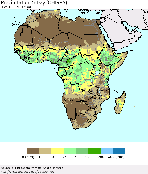 Africa Precipitation 5-Day (CHIRPS) Thematic Map For 10/1/2019 - 10/5/2019