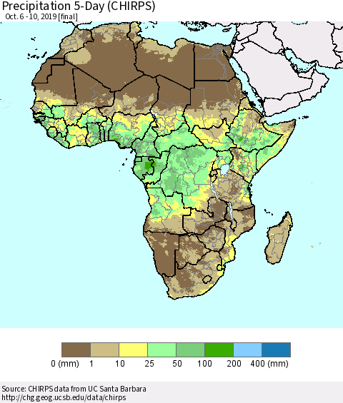 Africa Precipitation 5-Day (CHIRPS) Thematic Map For 10/6/2019 - 10/10/2019