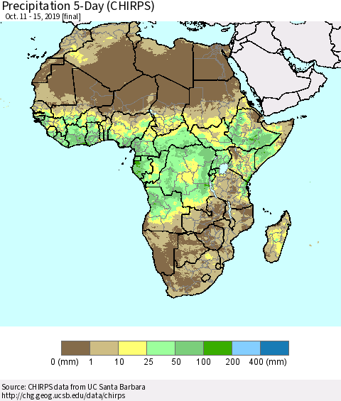 Africa Precipitation 5-Day (CHIRPS) Thematic Map For 10/11/2019 - 10/15/2019