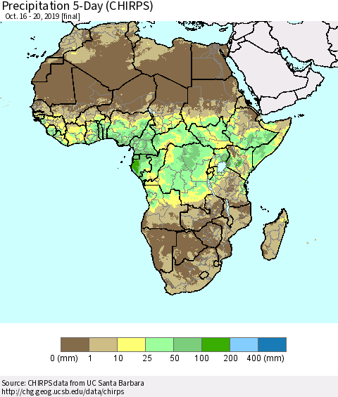Africa Precipitation 5-Day (CHIRPS) Thematic Map For 10/16/2019 - 10/20/2019