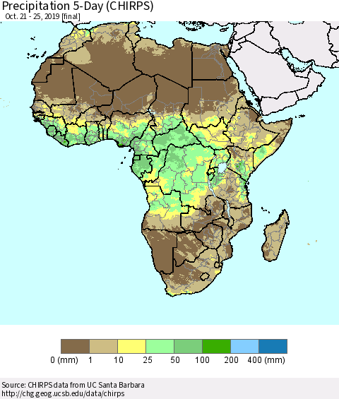 Africa Precipitation 5-Day (CHIRPS) Thematic Map For 10/21/2019 - 10/25/2019