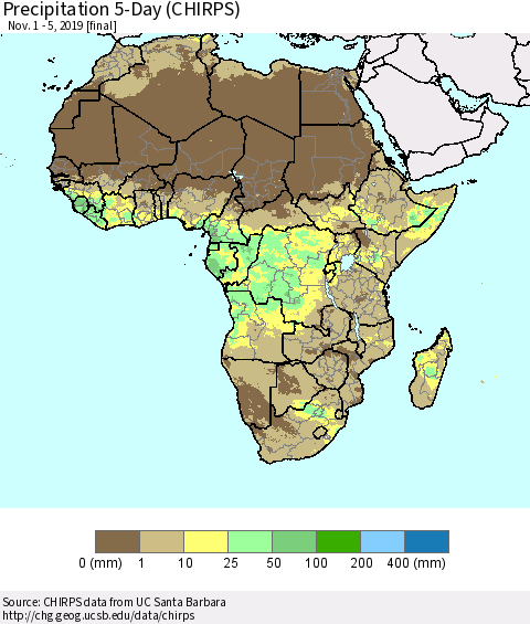 Africa Precipitation 5-Day (CHIRPS) Thematic Map For 11/1/2019 - 11/5/2019