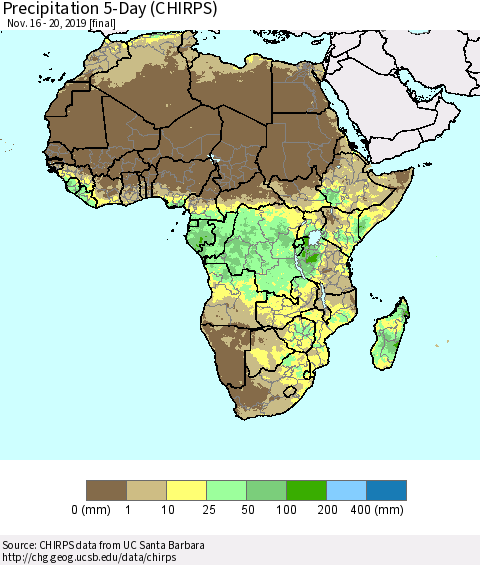 Africa Precipitation 5-Day (CHIRPS) Thematic Map For 11/16/2019 - 11/20/2019