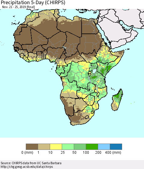 Africa Precipitation 5-Day (CHIRPS) Thematic Map For 11/21/2019 - 11/25/2019