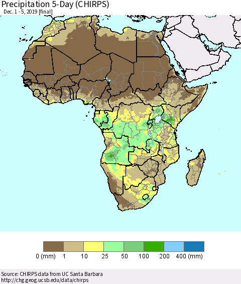 Africa Precipitation 5-Day (CHIRPS) Thematic Map For 12/1/2019 - 12/5/2019