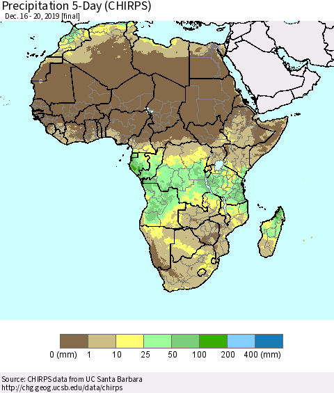 Africa Precipitation 5-Day (CHIRPS) Thematic Map For 12/16/2019 - 12/20/2019