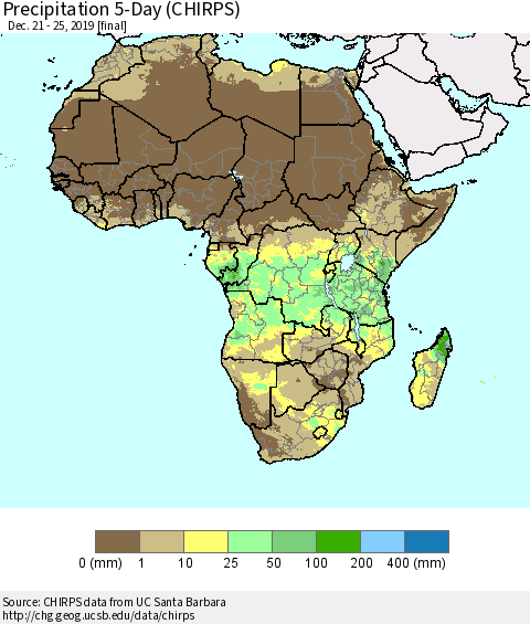 Africa Precipitation 5-Day (CHIRPS) Thematic Map For 12/21/2019 - 12/25/2019