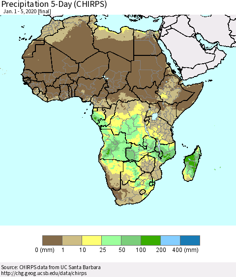 Africa Precipitation 5-Day (CHIRPS) Thematic Map For 1/1/2020 - 1/5/2020