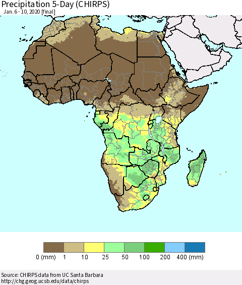 Africa Precipitation 5-Day (CHIRPS) Thematic Map For 1/6/2020 - 1/10/2020