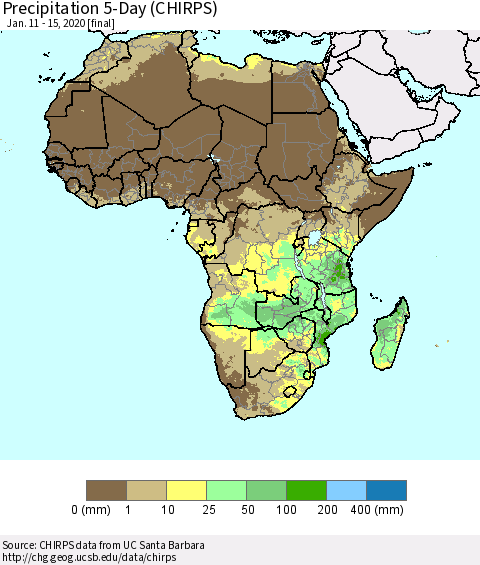 Africa Precipitation 5-Day (CHIRPS) Thematic Map For 1/11/2020 - 1/15/2020