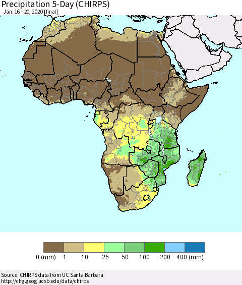 Africa Precipitation 5-Day (CHIRPS) Thematic Map For 1/16/2020 - 1/20/2020