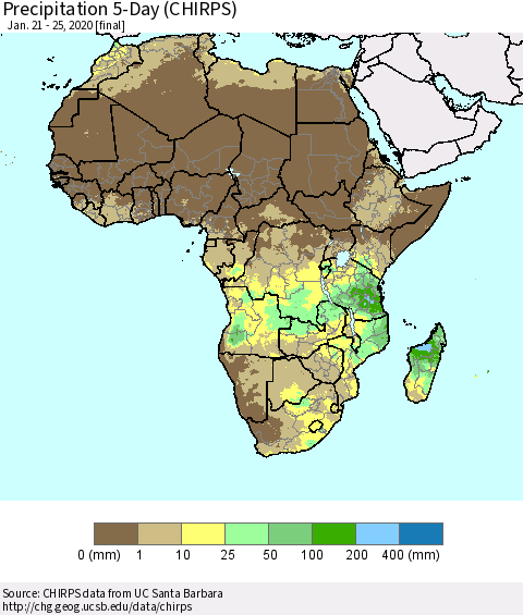 Africa Precipitation 5-Day (CHIRPS) Thematic Map For 1/21/2020 - 1/25/2020