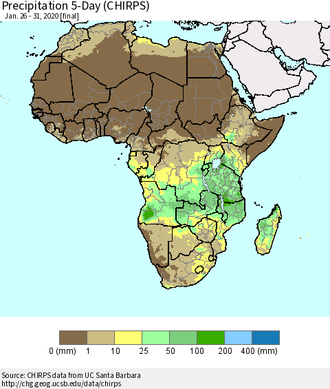 Africa Precipitation 5-Day (CHIRPS) Thematic Map For 1/26/2020 - 1/31/2020