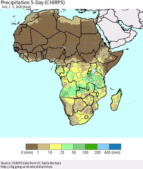 Africa Precipitation 5-Day (CHIRPS) Thematic Map For 2/1/2020 - 2/5/2020