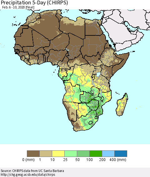 Africa Precipitation 5-Day (CHIRPS) Thematic Map For 2/6/2020 - 2/10/2020