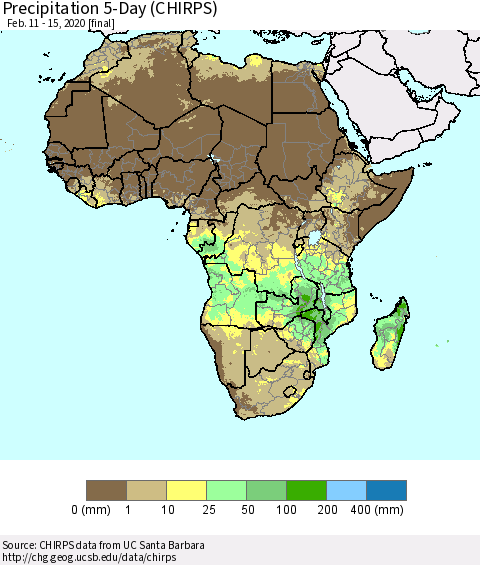 Africa Precipitation 5-Day (CHIRPS) Thematic Map For 2/11/2020 - 2/15/2020