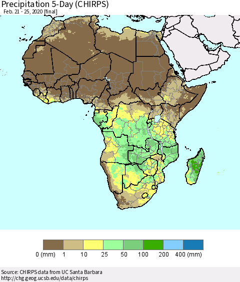 Africa Precipitation 5-Day (CHIRPS) Thematic Map For 2/21/2020 - 2/25/2020