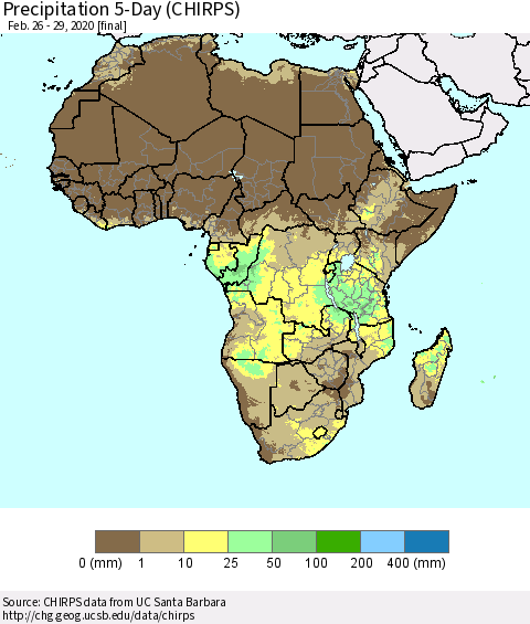 Africa Precipitation 5-Day (CHIRPS) Thematic Map For 2/26/2020 - 2/29/2020