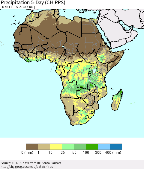 Africa Precipitation 5-Day (CHIRPS) Thematic Map For 3/11/2020 - 3/15/2020