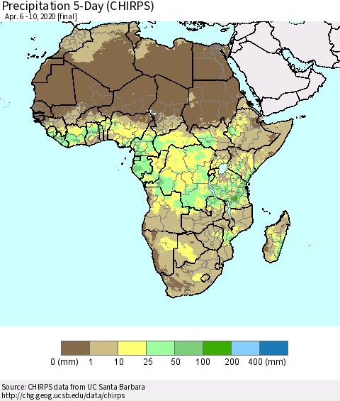 Africa Precipitation 5-Day (CHIRPS) Thematic Map For 4/6/2020 - 4/10/2020