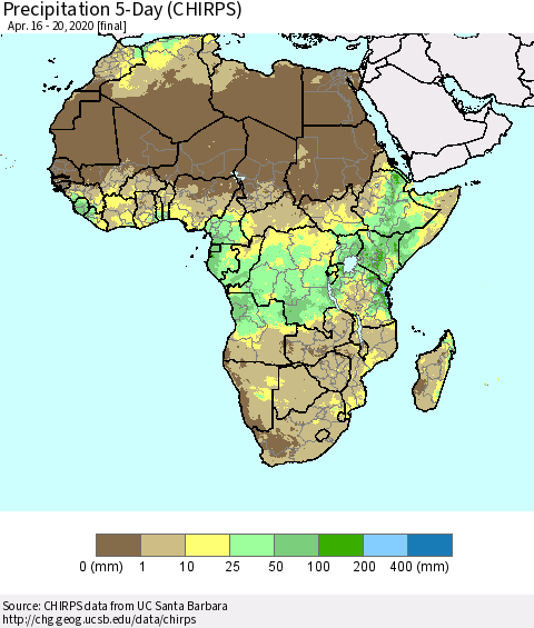 Africa Precipitation 5-Day (CHIRPS) Thematic Map For 4/16/2020 - 4/20/2020
