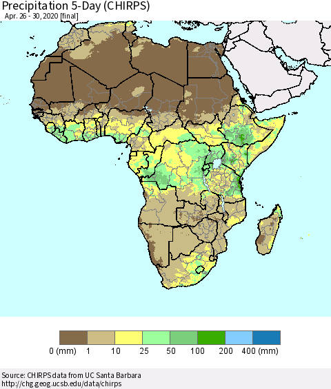 Africa Precipitation 5-Day (CHIRPS) Thematic Map For 4/26/2020 - 4/30/2020