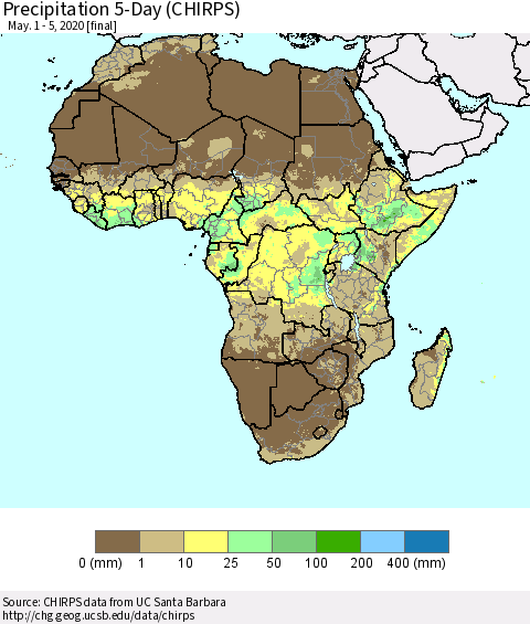 Africa Precipitation 5-Day (CHIRPS) Thematic Map For 5/1/2020 - 5/5/2020