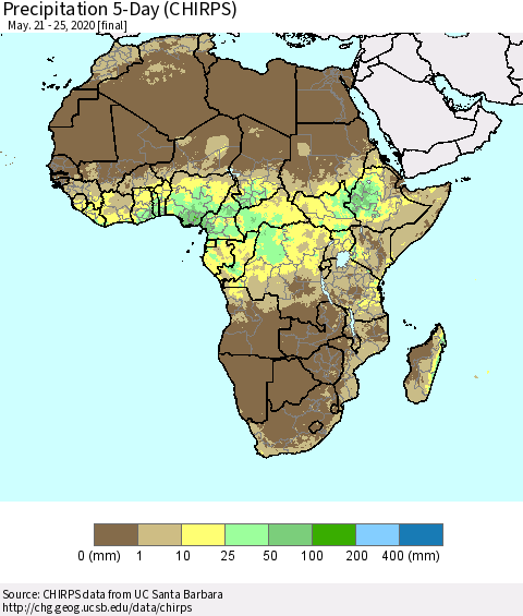 Africa Precipitation 5-Day (CHIRPS) Thematic Map For 5/21/2020 - 5/25/2020