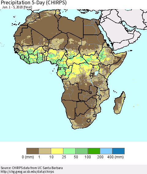 Africa Precipitation 5-Day (CHIRPS) Thematic Map For 6/1/2020 - 6/5/2020