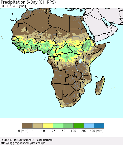 Africa Precipitation 5-Day (CHIRPS) Thematic Map For 7/1/2020 - 7/5/2020