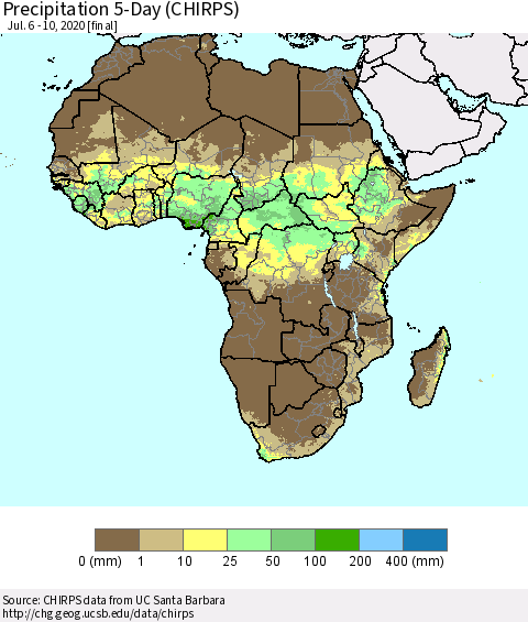 Africa Precipitation 5-Day (CHIRPS) Thematic Map For 7/6/2020 - 7/10/2020