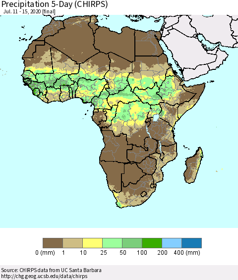 Africa Precipitation 5-Day (CHIRPS) Thematic Map For 7/11/2020 - 7/15/2020