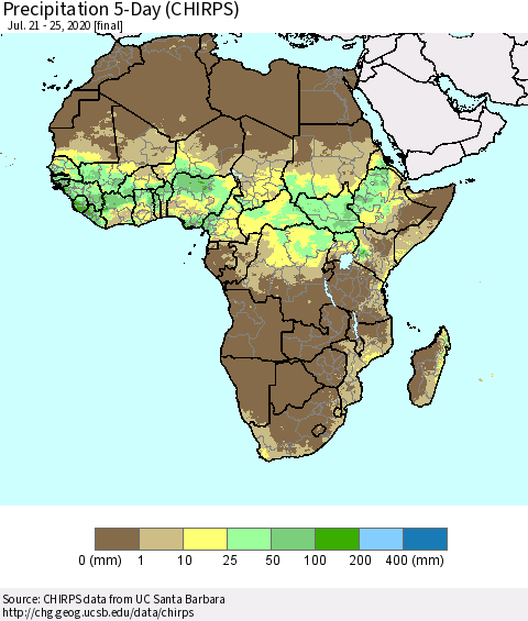 Africa Precipitation 5-Day (CHIRPS) Thematic Map For 7/21/2020 - 7/25/2020