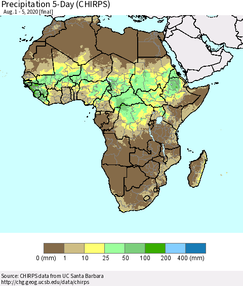 Africa Precipitation 5-Day (CHIRPS) Thematic Map For 8/1/2020 - 8/5/2020