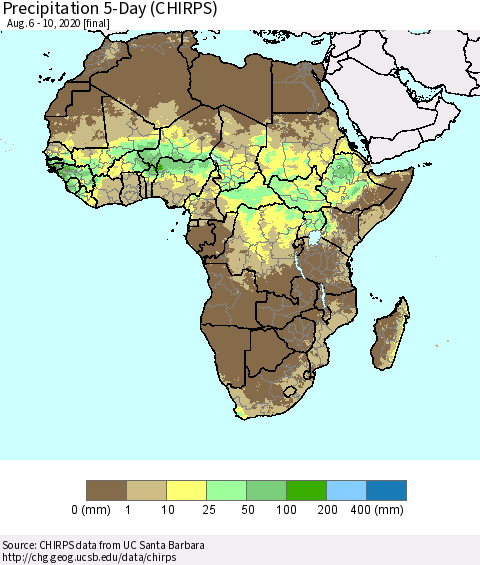 Africa Precipitation 5-Day (CHIRPS) Thematic Map For 8/6/2020 - 8/10/2020
