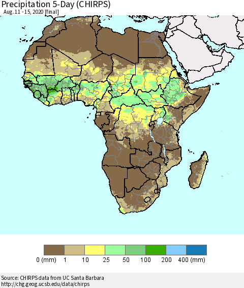 Africa Precipitation 5-Day (CHIRPS) Thematic Map For 8/11/2020 - 8/15/2020
