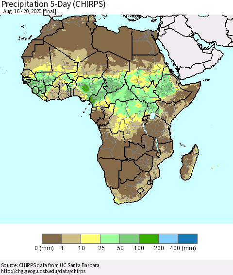 Africa Precipitation 5-Day (CHIRPS) Thematic Map For 8/16/2020 - 8/20/2020