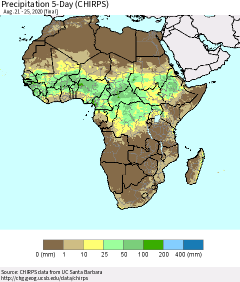 Africa Precipitation 5-Day (CHIRPS) Thematic Map For 8/21/2020 - 8/25/2020
