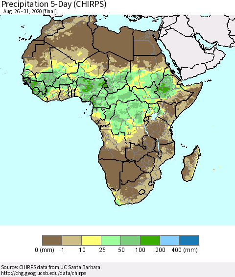 Africa Precipitation 5-Day (CHIRPS) Thematic Map For 8/26/2020 - 8/31/2020