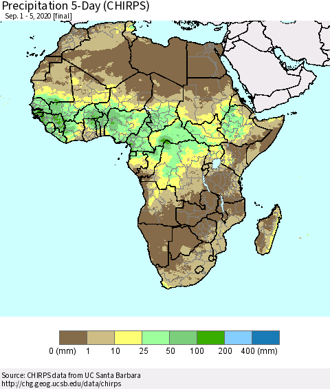 Africa Precipitation 5-Day (CHIRPS) Thematic Map For 9/1/2020 - 9/5/2020