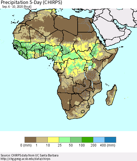 Africa Precipitation 5-Day (CHIRPS) Thematic Map For 9/6/2020 - 9/10/2020