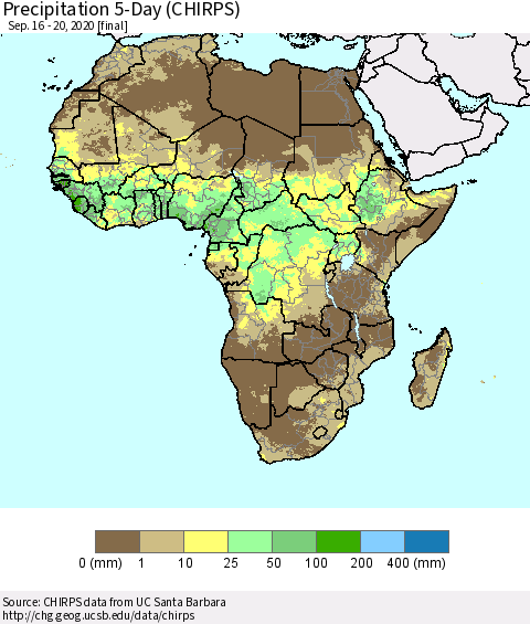 Africa Precipitation 5-Day (CHIRPS) Thematic Map For 9/16/2020 - 9/20/2020