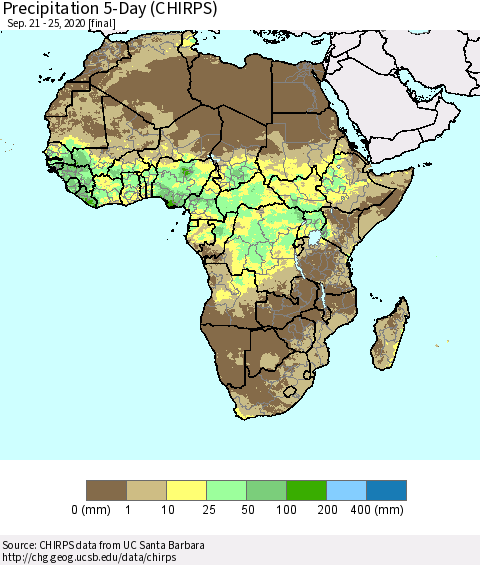 Africa Precipitation 5-Day (CHIRPS) Thematic Map For 9/21/2020 - 9/25/2020