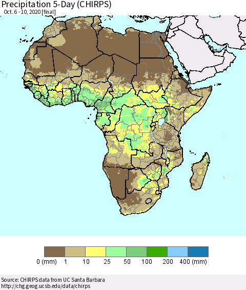 Africa Precipitation 5-Day (CHIRPS) Thematic Map For 10/6/2020 - 10/10/2020