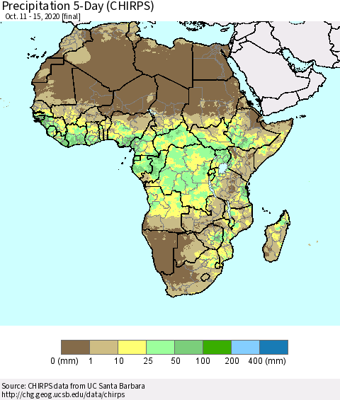 Africa Precipitation 5-Day (CHIRPS) Thematic Map For 10/11/2020 - 10/15/2020