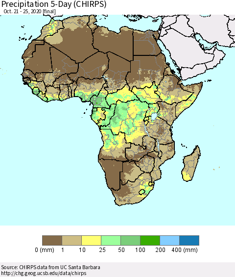 Africa Precipitation 5-Day (CHIRPS) Thematic Map For 10/21/2020 - 10/25/2020