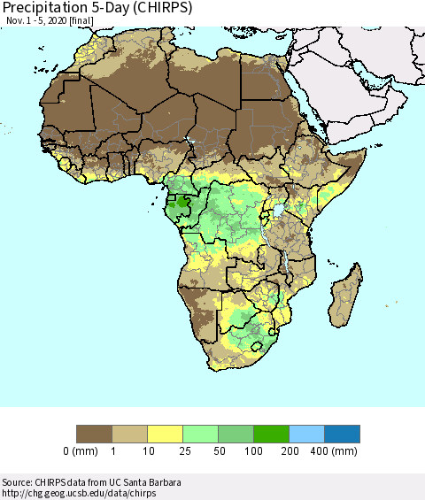 Africa Precipitation 5-Day (CHIRPS) Thematic Map For 11/1/2020 - 11/5/2020
