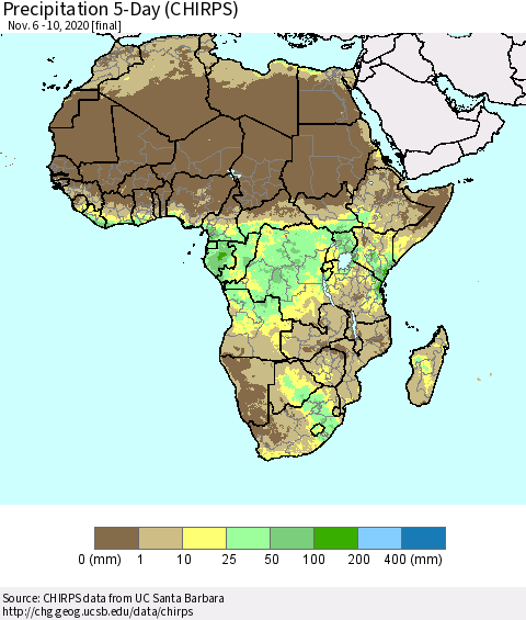 Africa Precipitation 5-Day (CHIRPS) Thematic Map For 11/6/2020 - 11/10/2020